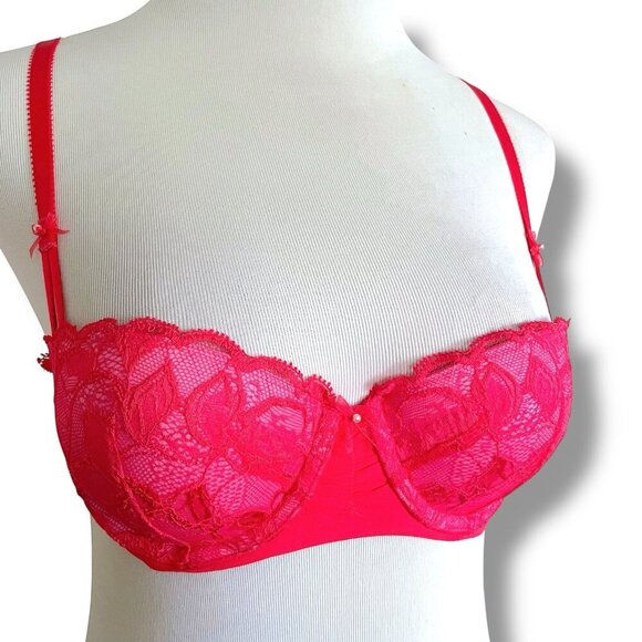 Victorias Secret 34A Bra Red Pink Lace Padded Push Up Balconette Underwire Bows - Picture 3 of 9
